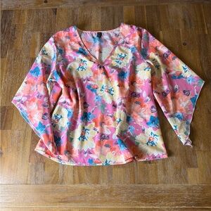 SHEIN Coral Pink Floral V-Neck Blouse